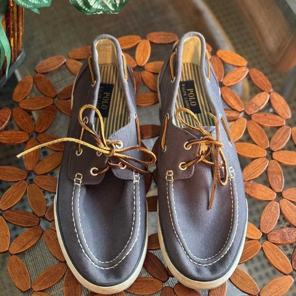 Polo Ralph Lauren Blue Men's Canvas Sander Leather Laced Boat Shoes Size 11D